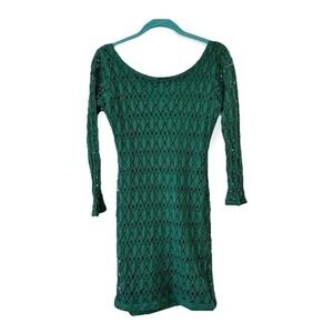 Vintage 90s Top Style Mini Dress Emerald Green Crochet Knit L Bodycon Indie Boho